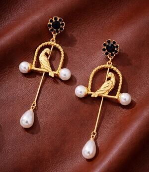 Museum Bird Earrings Antique Pearl Crystal Flower CZ VTG Palace Gold Stud Art